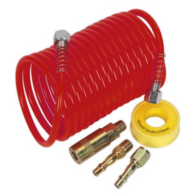 Sealey PE Coiled Air Hose Kit with Connectors 5m x 5mm