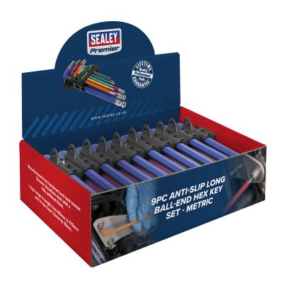 Sealey Premier Long Colour-Coded Ball-End Hex Key Set 9pc - Display Box of 10