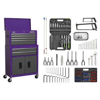 Sealey Topchest & Rollcab Combination 6 Drawer with Ball-Bearing Slides - Purple/Grey & 170pc Tool Kit