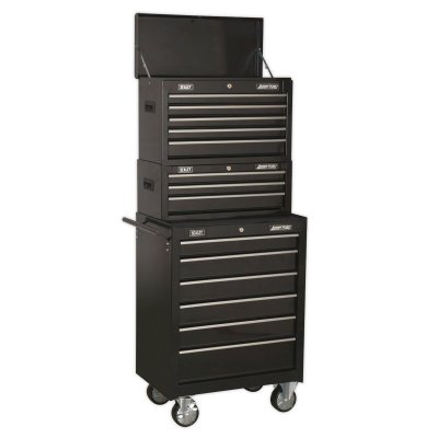 Sealey American PRO Topchest, Mid-Box Tool Chest & Rollcab Stack 14 Drawer - Black