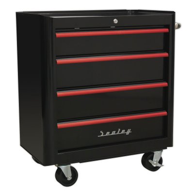 Sealey Premier Retro Style Rollcab 4 Drawer - Black with Red Anodised Drawer Pulls