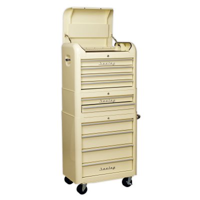 Sealey Premier Retro Style Topchest, Mid-Box Tool Chest & Rollcab Combination 10 Drawer - Cream