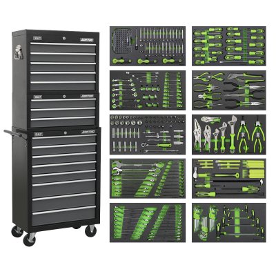 Sealey Tool Chest Combination 16 Drawer with Ball-Bearing Slides - Black/Grey & 398pc Tool Kit