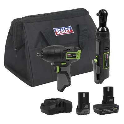 Sealey 2 x SV10.8 Series Cordless Impact Wrench & Ratchet Wrench Kit 10.8V - 2 Batteries