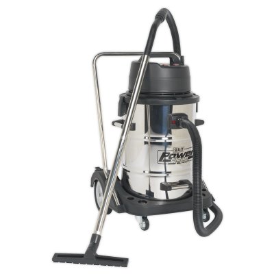 Sealey Industrial Vacuum Cleaner Wet & Dry Stainless Steel Drum with Swivel Emptying 77L 2400W