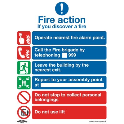 Sealey Worksafe Fire Action With Lift Safety Sign - Rigid Plastic