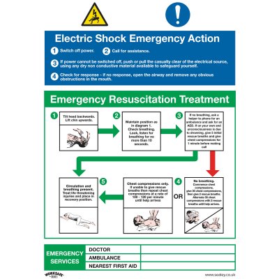 Sealey Worksafe Electric Shock Emergency Action Safety Sign - Rigid Plastic