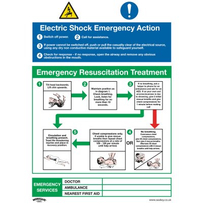 Sealey Worksafe Electric Shock Emergency Action Safety Sign, Rigid Plastic - Pack of 10