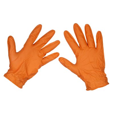 Sealey Diamond Grip Extra-Thick Nitrile Powder-Free Gloves, Orange, Large - Pack of 50