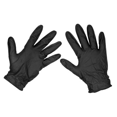 Sealey Diamond Grip Extra-Thick Nitrile Powder-Free Gloves, Black, Large - Pack of 50