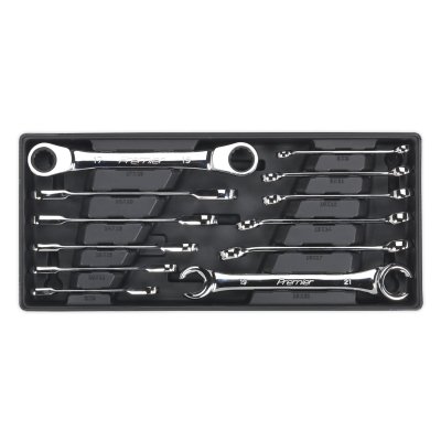 Sealey Premier Flare Nut & Ratchet Ring Spanner Set with Tool Tray 12pc